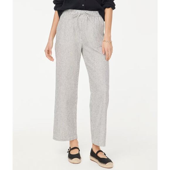J.Crew Linen Blend Slim Wide Leg Drawstring Pants 14 Black White Striped Relaxed - Picture 1 of 8